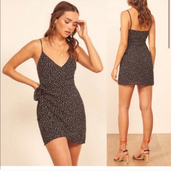 Reformation Black Confetti Troppo Wrap Mini Dress Spaghetti Straps Size Medium - Picture 2 of 9